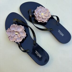 Melissa Flip Flops Pink Flower Jelly Sandals Black Rubber Y2K Size 7